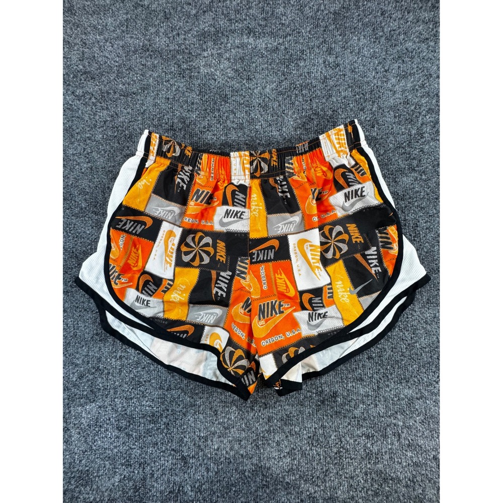 Nike Womens Dri-FIT Patchwork Logo Running Shorts Orange Black White Medium